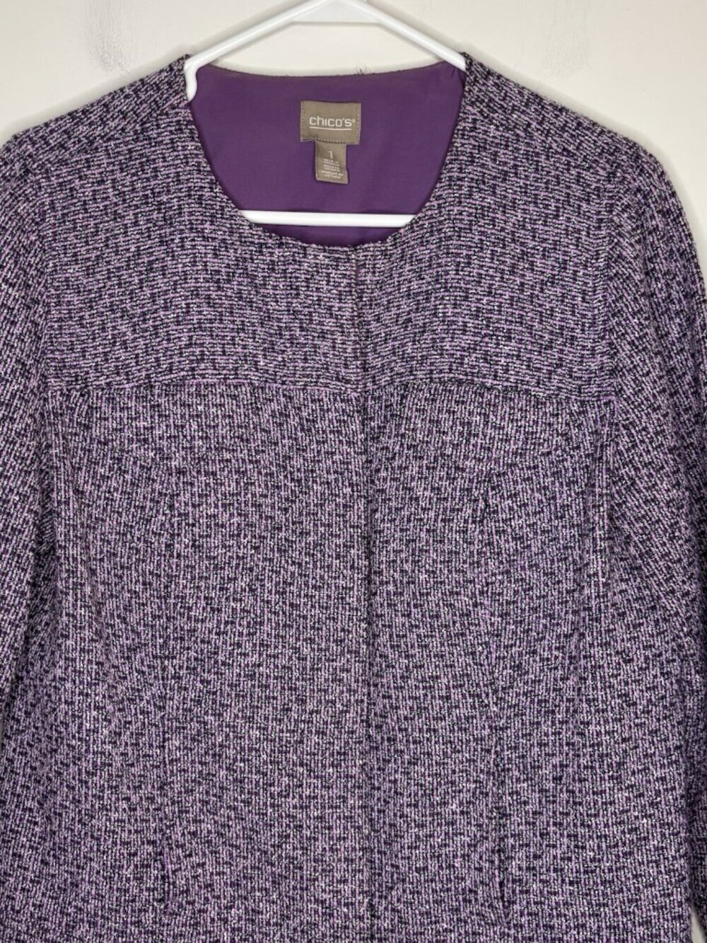 CHICO'S Collarless Blazer Womens M Purple Tweed Concealed Snaps Pockets